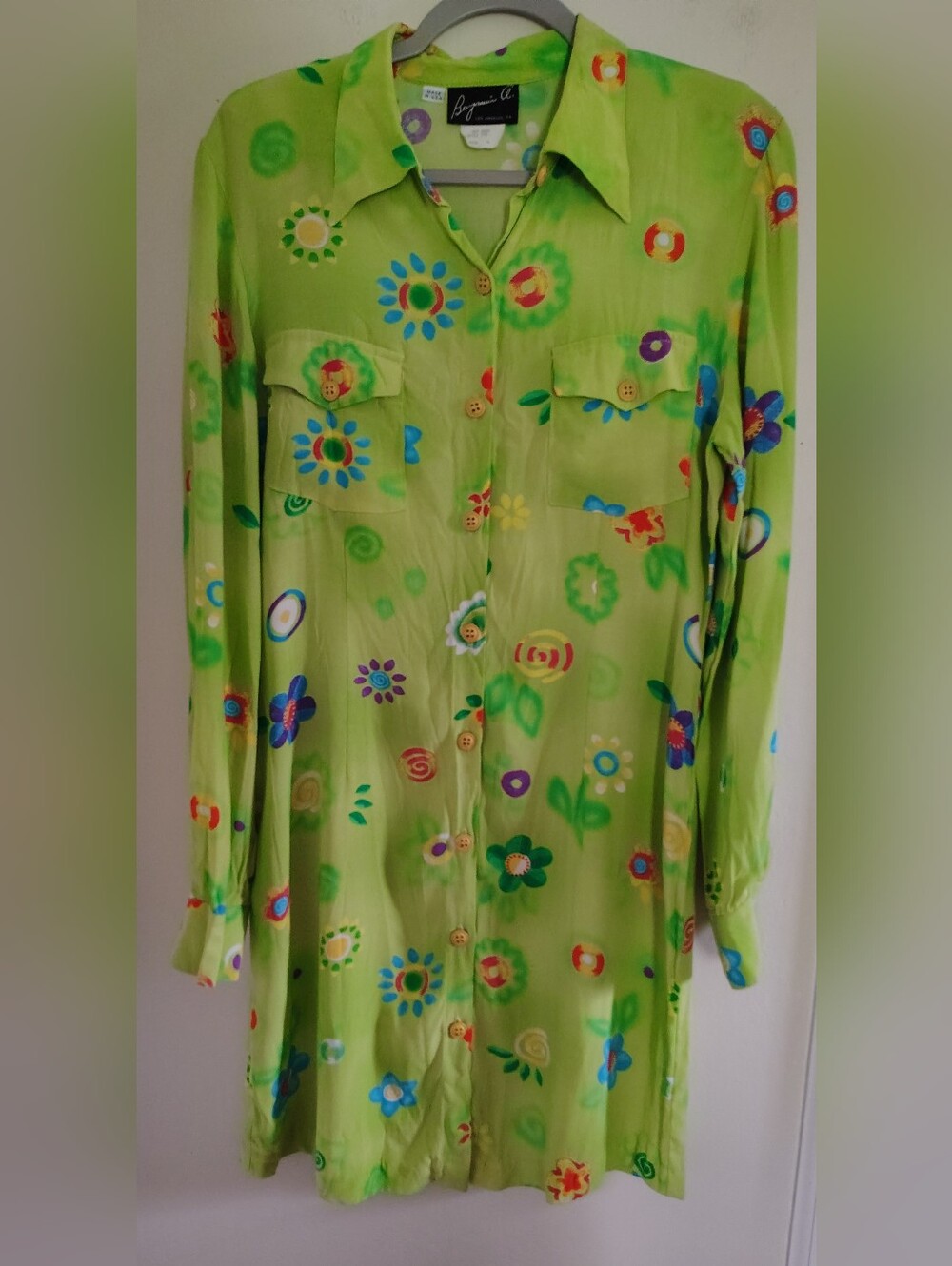 Vintage Button Down Shirt Tunic Dress 10 Retro Colorful Floral Boho Casual Funky